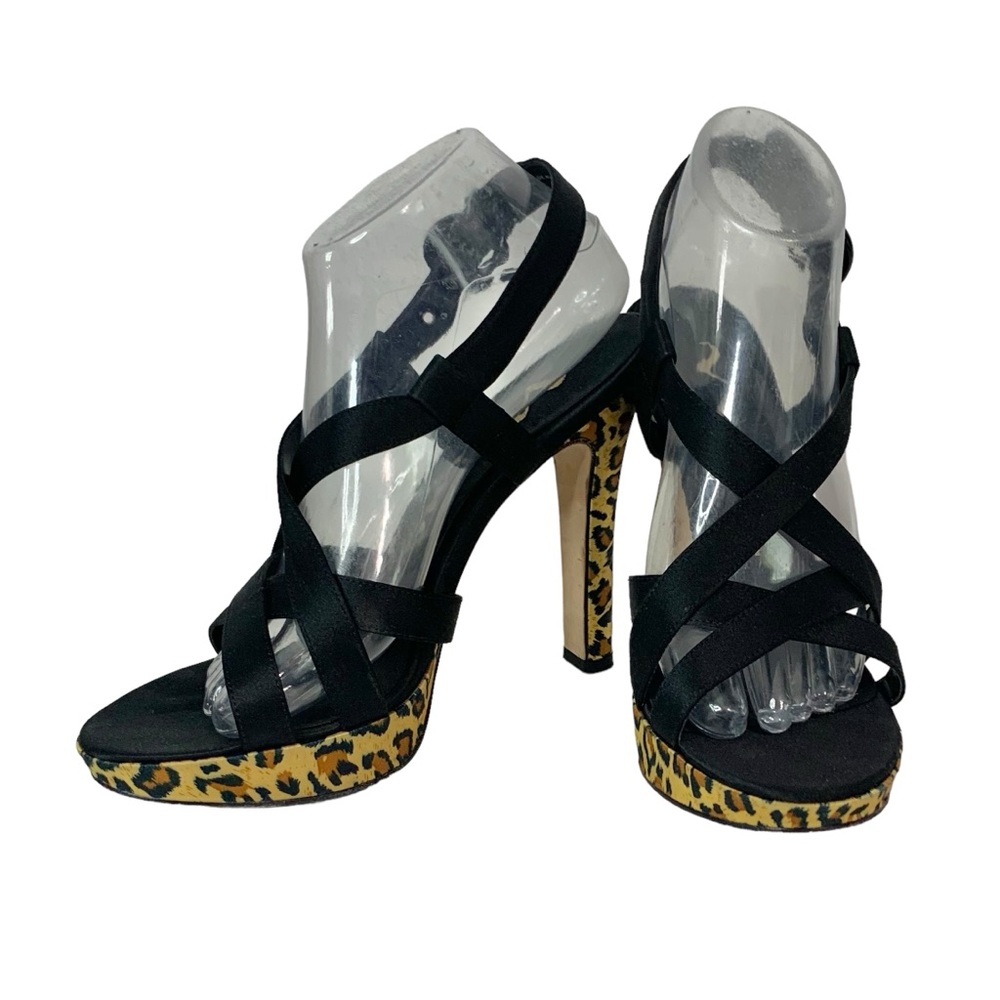 NINA Black Satin Leopard Platform Heel Leather Sole Sz 8.5